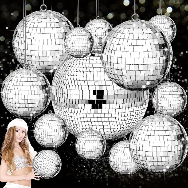 Photo 1 of 12 Pcs Large Mirror Disco Ball Light Mirror Ball Disco Party Decorations Silver Hanging Ball Sets Reflective Mirror Disco Ball Ornament for Christmas Wedding Party Favor