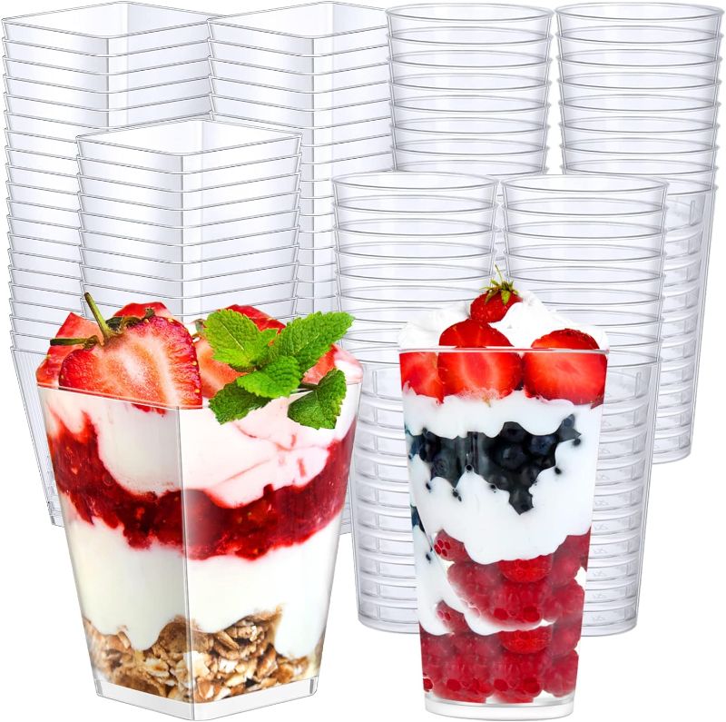 Photo 1 of 150 Pieces Square Dessert Cups and Plastic Shot Glass Set, 75 Mini Dessert Cups Plastic Parfait Appetizer Cup, 75 Square Dessert Tumbler Cups Clear Dessert Serving Cup for Parties Home (3 oz/ 5 oz)