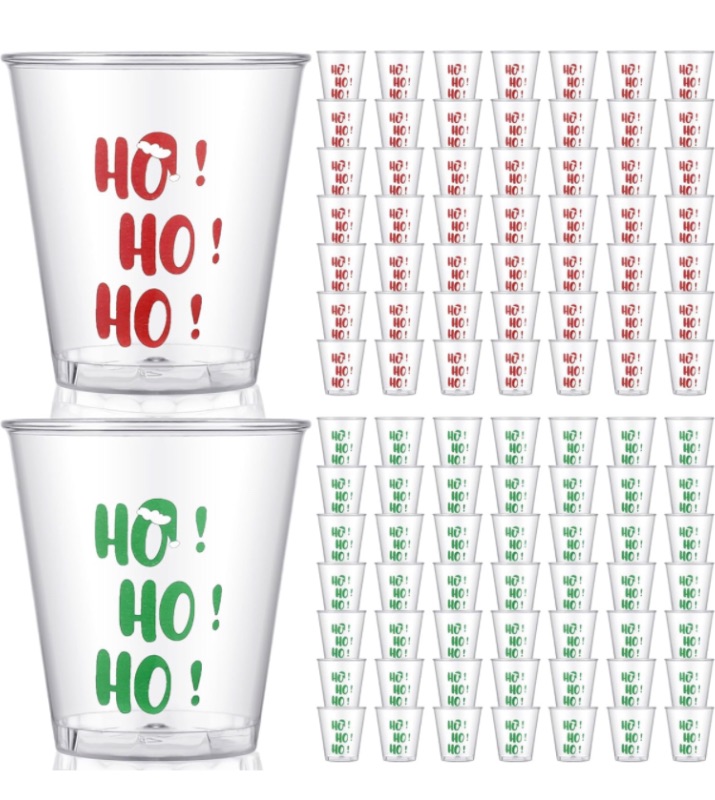 Photo 1 of 100 Pcs Christmas Plastic Shot Glasses 2oz Ho Ho Ho Clear Disposable Red Green Shot Glasses for Xmas Party Supplies Drinking Liquor, Vodka Whiskey