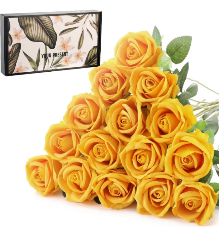 Photo 1 of 15Pcs Small Artificial Roses Velet Real Touch Single Stem Fake Roses Silk Realistic Flowers Arrangements Home Office Party Wedding Decoration (Pearl Roses, Yellow 15p)