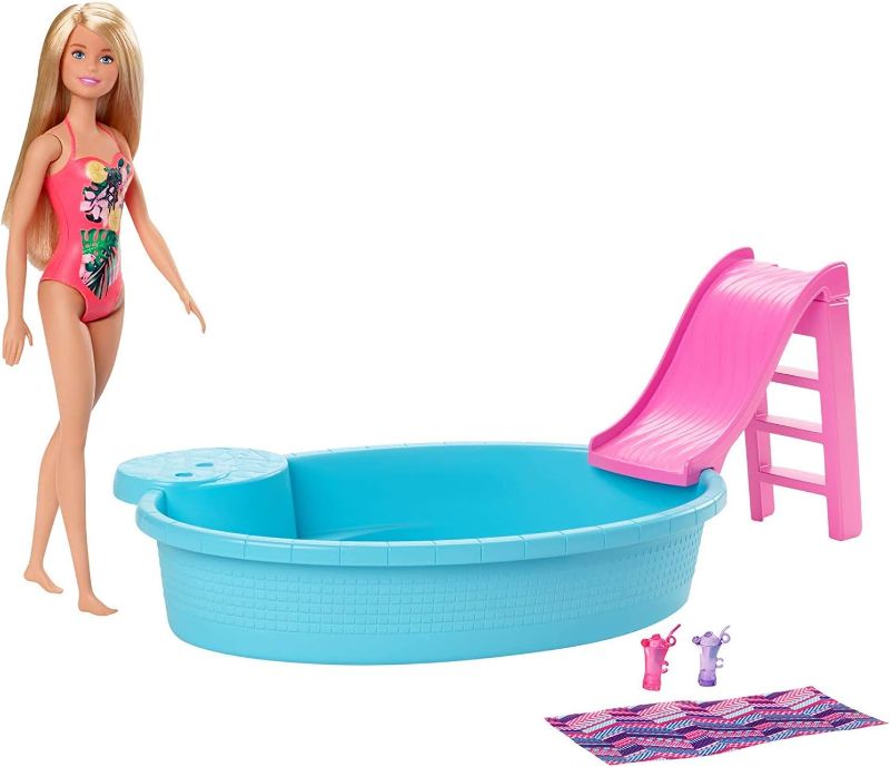 Photo 1 of ?Barbie Doll, 11.5-Inch Blonde, and Pool Playset with Slide and Accessories, Gift for 3 to 7 Year Olds