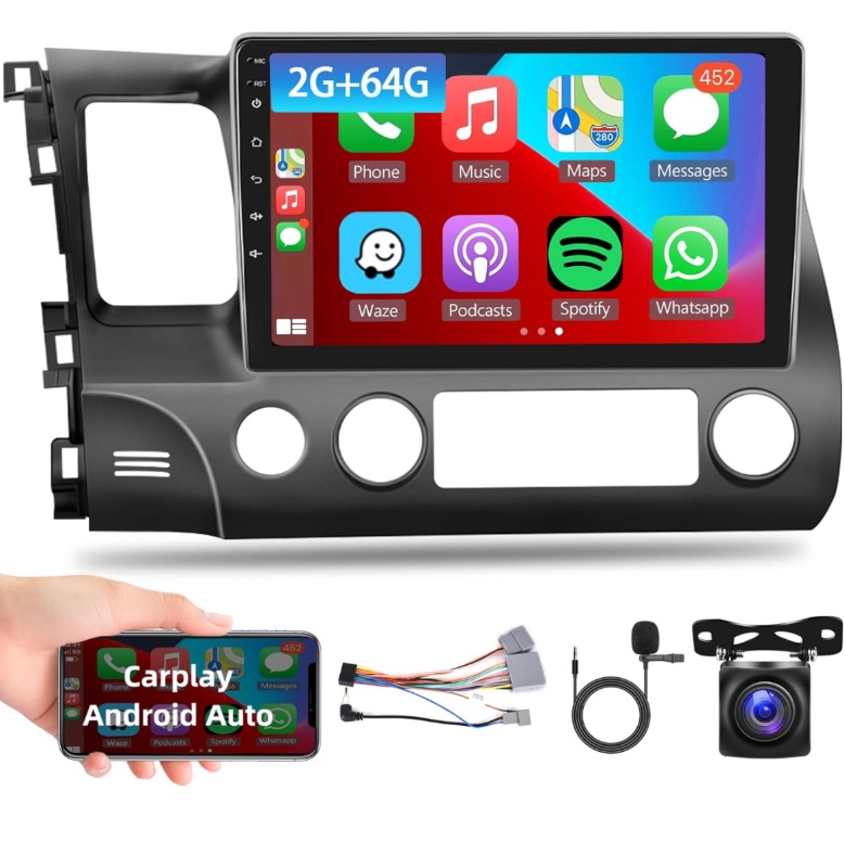 Photo 1 of 2G+64G for Honda Civic 2006 2007 2008 2009 2010 2011 Wireless Apple CarPlay Android Auto Car Stereo podofo 10.1 Inch Android Touch Screen Bluetooth Car Radio with GPS Navigation WiFi Backup Camera Mic