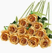 Photo 1 of  Silk Flowers Realistic Roses Bouquet Long Stem for Home Wedding Decoration Party (Gold)