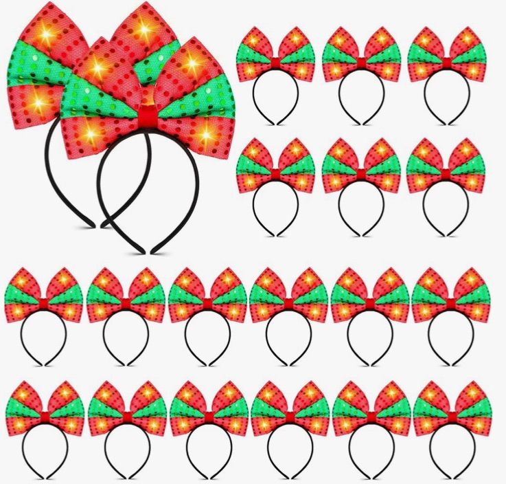 Photo 1 of 20 Pcs Light up Christmas Bow Headbands, LED Christmas Headband Sequin Light Up Green Red Christmas Bow Headband Christmas Party Favor Accessory for Adults