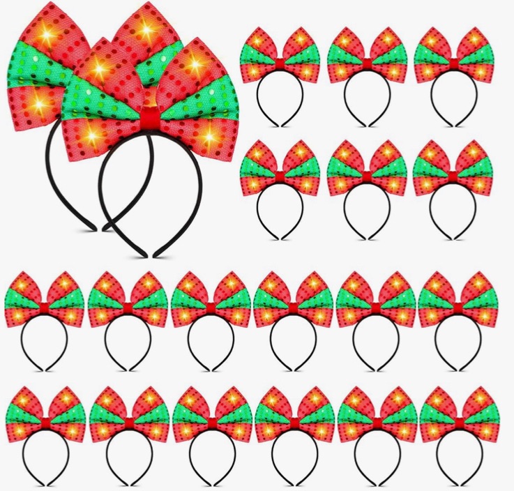 Photo 1 of 20 Pcs Light up Christmas Bow Headbands, LED Christmas Headband Sequin Light Up Green Red Christmas Bow Headband Christmas Party Favor Accessory for Adults