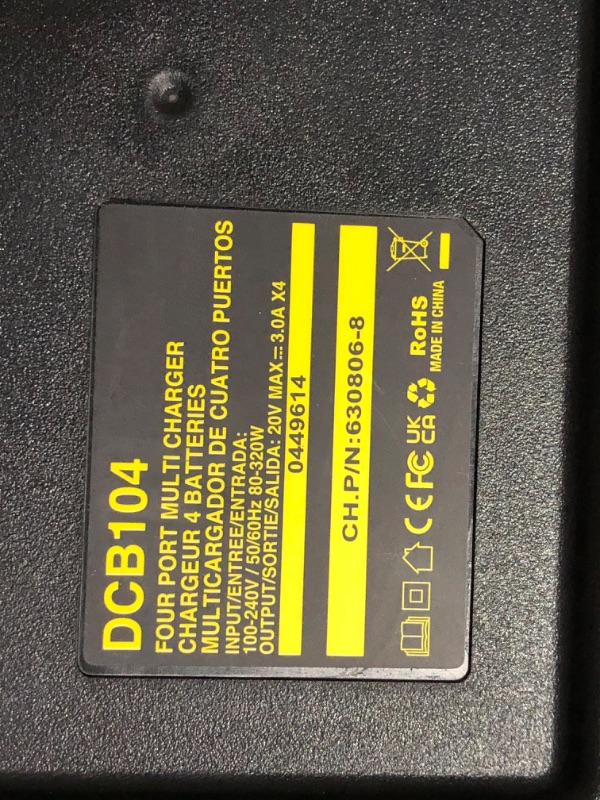 Photo 3 of ***USED - UNABLE TO TEST***
4-Port Battery Rapid Charger DCB104 for DEWALT 12V MAX, 20V MAX, and FLEXVOLT 20V/60V MAX Lithium ion Battery Charging Station (w/ 2 USB Ports) Four Port