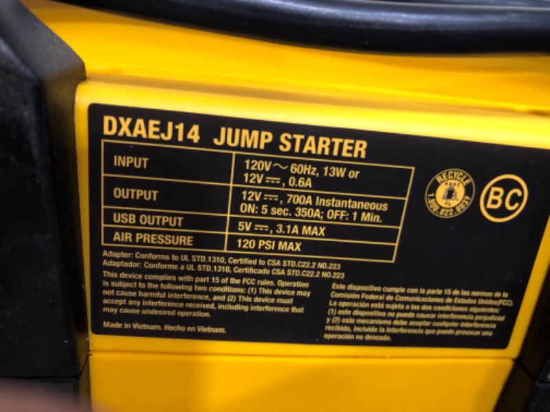 Photo 3 of (READ FULL POST) DEWALT DXAEJ14 Digital Portable Power Station Jump Starter: 1400 Peak/700 Instant Amps, 120 PSI Digital Air Compressor, 3.1A USB Ports, Battery Clamps , Yellow