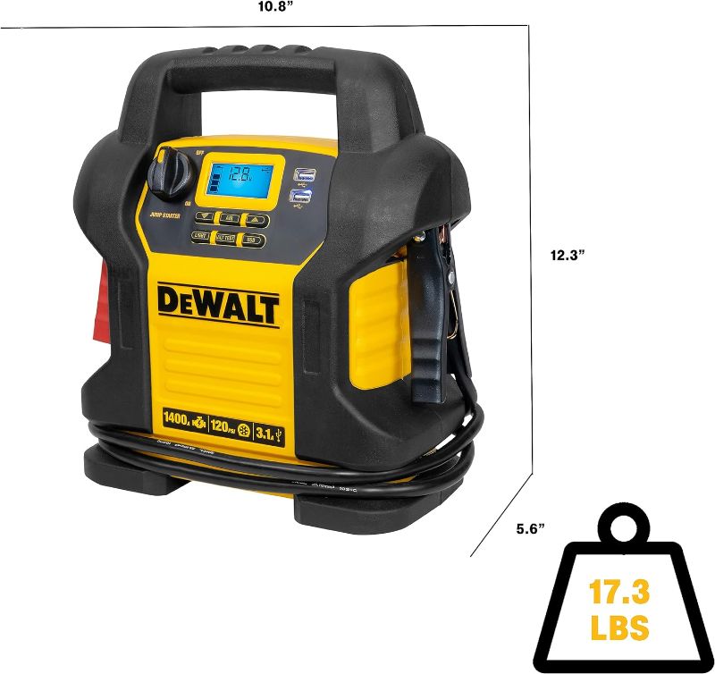 Photo 4 of (READ FULL POST) DEWALT DXAEJ14 Digital Portable Power Station Jump Starter: 1400 Peak/700 Instant Amps, 120 PSI Digital Air Compressor, 3.1A USB Ports, Battery Clamps , Yellow