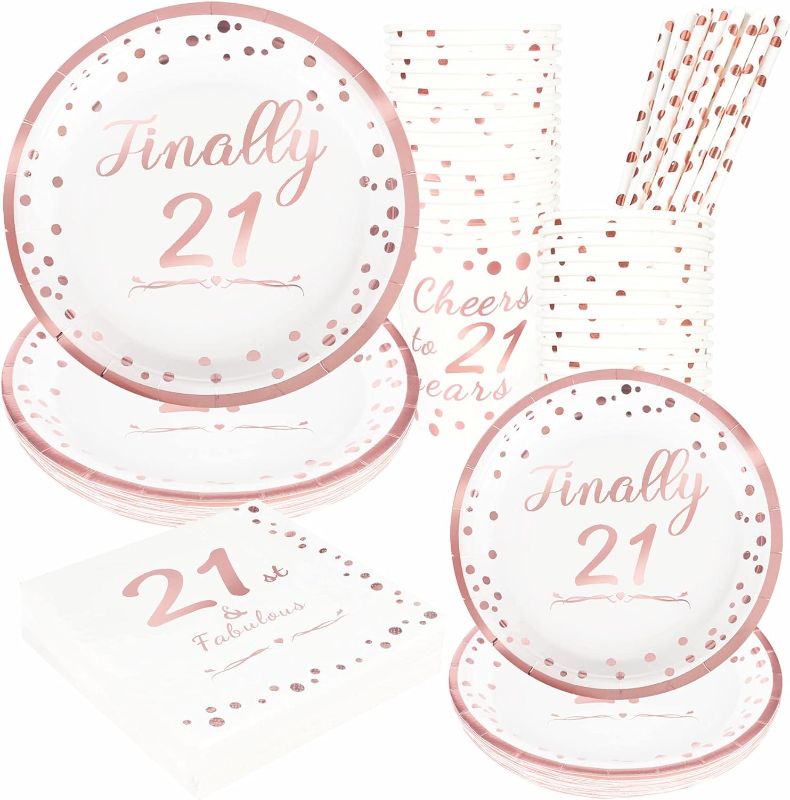 Photo 1 of 21st Birthday Rose Gold Party Supplies, Disposable Tableware for 24 Guests, Include 7” Paper Plates,9” Plates, 7 oz Cups, Napkins and straws
