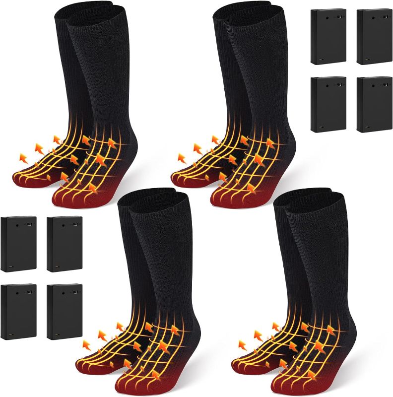 Photo 1 of 4 Pairs Heated Socks for Men Women Battery Operated Heated Sock Electric Heated Sock Battery Heated Sock Winter Camping Foot Warmer Powered Heating Sock for Riding Skiing Hunting Cycling, Black
