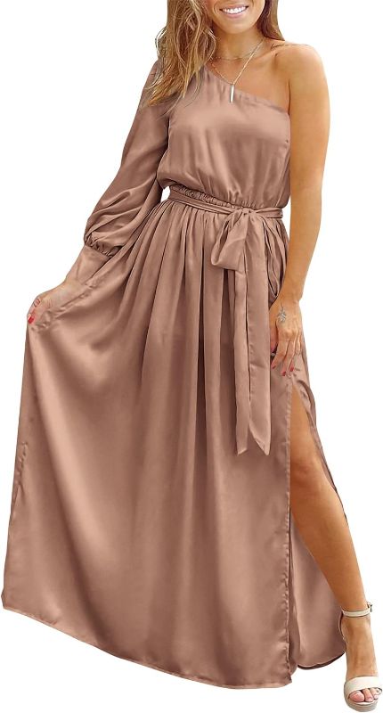 Photo 1 of KIRUNDO Women's Satin Long Sleeve One Shoulder Maxi Dress Asymmetrical Tie Waist Slit Party Cocktail Long Formal Prom Dress size MEDIUM Beige 
