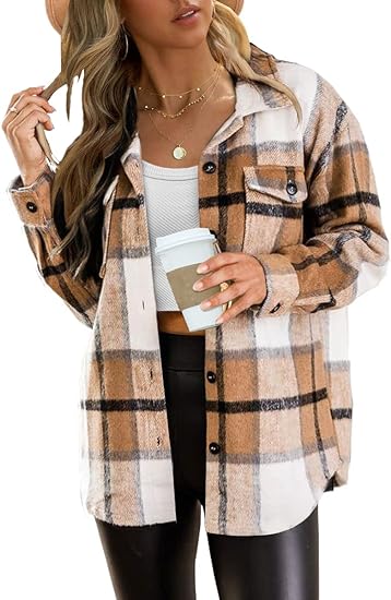 Photo 1 of AUTOMET Womens Casual Plaid Shacket Button Down Long Sleeve Shirts
