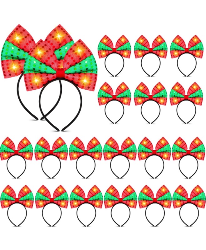 Photo 1 of 20 Pcs Light up Christmas Bow Headbands, LED Christmas Headband Sequin Light Up Green Red Christmas Bow Headband Christmas Party Favor Accessory for Adults Kids