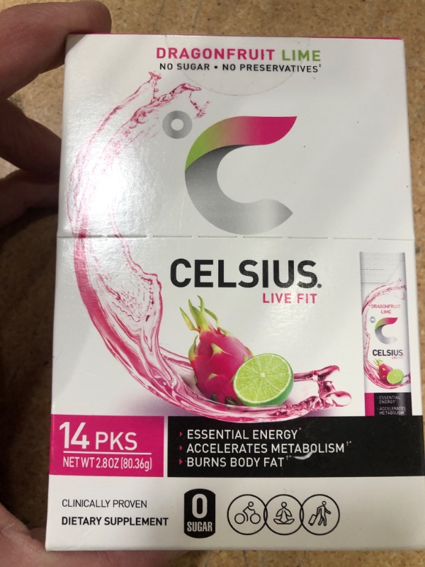 Photo 1 of 09/2025***CELSIUS Dragonfruit Lime On-the-Go Powder Stick Packs, Zero Sugar (14 Sticks per Pack)