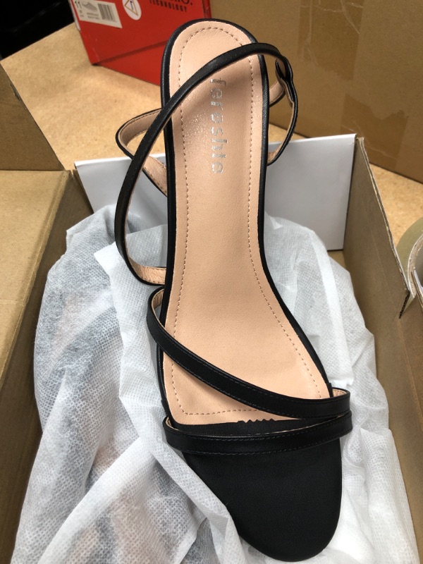 Photo 1 of fereshte Women's Heeled Sandals Slip On Open Toe Low Block Heels Strappy Sandals Matte Black 44 - US 11