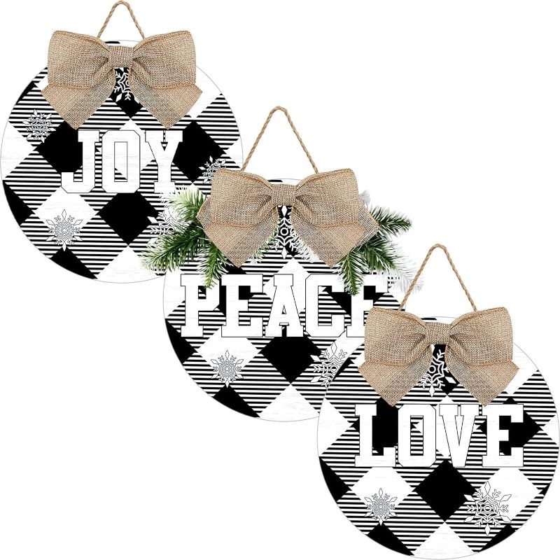 Photo 1 of 3 Pieces Christmas Hanging Sign Decorations Peace Joy Love Sign Buffalo Check Plaid Wreath for Front Door Rustic Burlap Wooden Holiday Decor Christmas Indoor Outdoor Decorations (Black White)