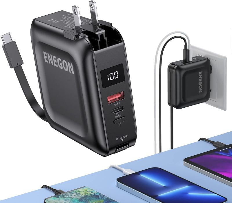 Photo 1 of ENEGON 15000mAh Portable Phone Charger, Small Fast Charging Power Bank with Built-in AC Wall Plug and Cable, 3 Outputs & Dual Inputs, USB-C PD&QC 3.0 External Battery Pack for iPhone & Android Black