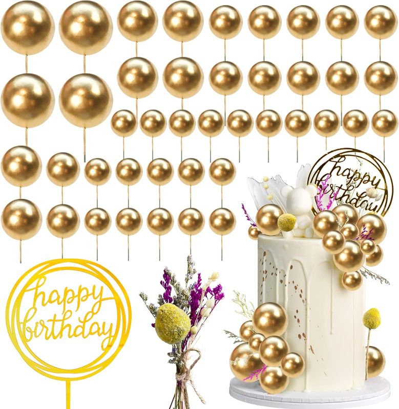 Photo 1 of 44 PCS Mini Balls Cake Topper DIY Cake Insert Topper Foam Cake Balls Faux Pearl Balls Artificial Dried Flowers Baking Decorations for Wedding Anniversary Baby Shower Birthday Party (Gold)