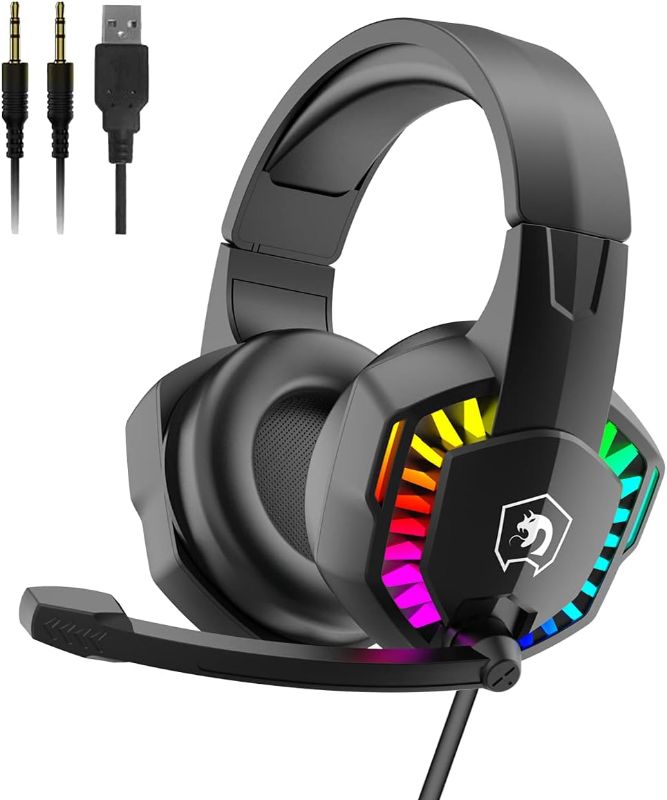 Photo 1 of MANBASNAKE Gaming Headset for PS4 PC Xbox One PS5 Controller,Noise Cancelling Over Ear Headphones with Adjustable Mic,Breathing RGB Light,Bass Surround,Soft Memory Earmuffs for Laptop Mac Games(Black)