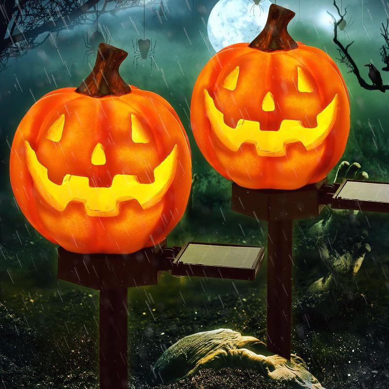 Photo 1 of 2 Pcs Halloween Solar Pumpkin Stake Lights Outdoor Halloween Pumpkin Pathway Lights Decorations Waterproof Pumpkin Stake Lamps for Garden Balcony Yard Lawn Pathway Home Party Decoration
