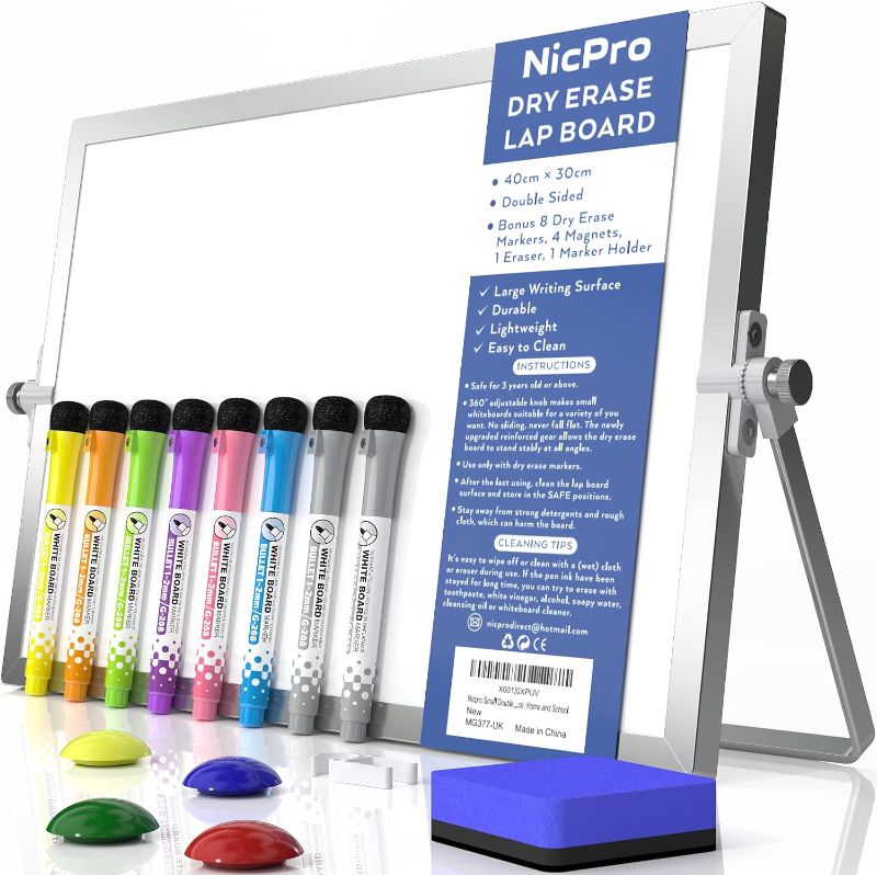 Photo 1 of Nicpro Dry Erase Whiteboard, 12 x 16 inch Double Sided Large Magnetic Desktop White Board with Stand, 8 Pens, 1 Eraser, 4 Magnets, Portable White Board Easel for Kids Memo to Do List Students School