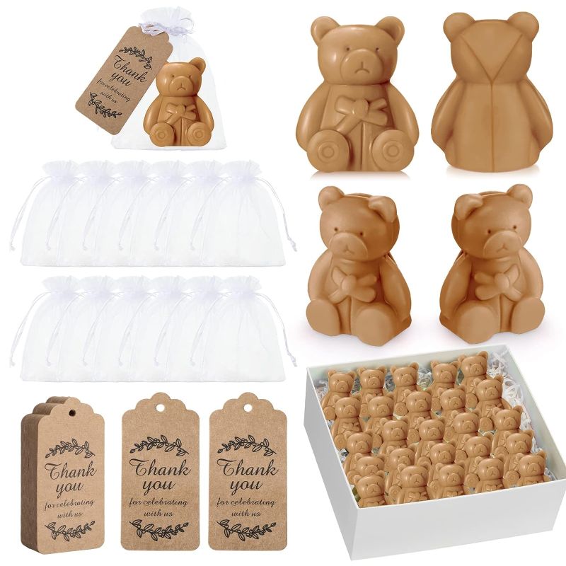 Photo 1 of 48 Pcs Bear Soaps Baby Shower Favors with 48 Organza Bags 48 Thanks Gift Tag Bear Shaped Soap Handmade Mini Bear Soap Bulk for Baby Shower Boys Girls Wedding Gender Reveal Party Guest Gift (Brown)
