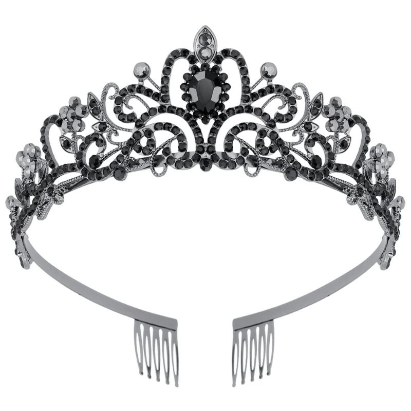 Photo 2 of Araluky Crystal Tiara Crown Headband Princess Elegant Tiara with Combs for Women Young Ladies Bridal Wedding Prom Birthday Party, Silver & black 