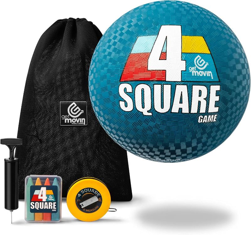 Photo 1 of 4 Square Game Kit with Premium 4 Square Ball (8.5”) Hand Pump Air Needle 4 Brightly Colored Chalk Sticks with Container Soft Tape Measure Premium Storage Bag Outdoor Portable Fun!
