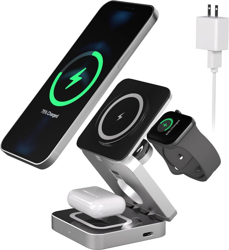 Photo 1 of 3 in 1 Wireless Charging Station for iPhone, Adjustable Magnetic Wireless Charger, Foldable Travel Charging Stand for Multple Devices for iPhone 15/14/13/12 Series, AirPods, Apple Watch
