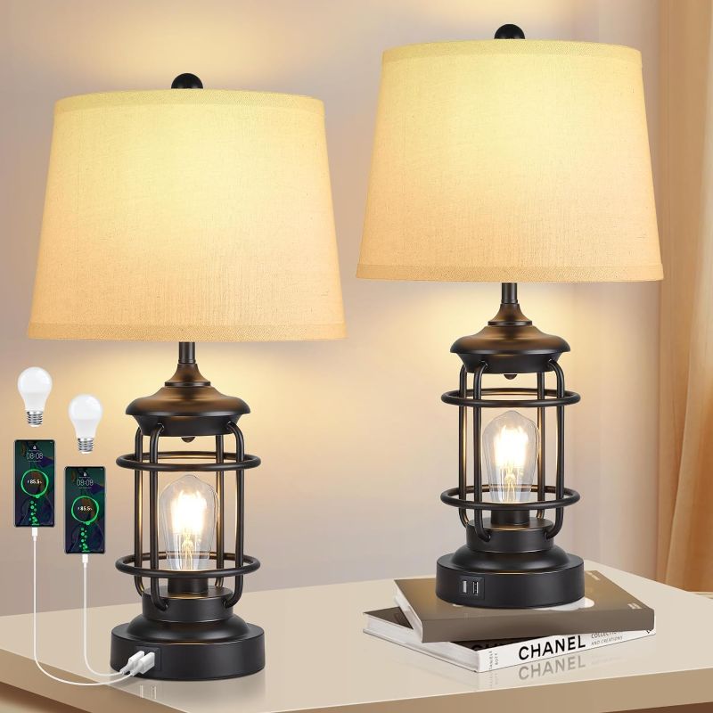 Photo 1 of AKASUKI Farmhouse Table Lamps Set of 2, 3 Way Dimmable Bedside Touch Lamp with USB Port, Nightstand Lamp with Rotary Switch, Rustic Industrial Desk Lamps for Living Room, 4 Bulbs Included
