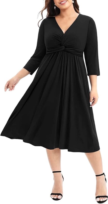 Photo 1 of Pinup Fashion Women's Plus Size Twist Knot Front V Neck 3/4 Sleeve A-line Wedding Guest Midi Dress