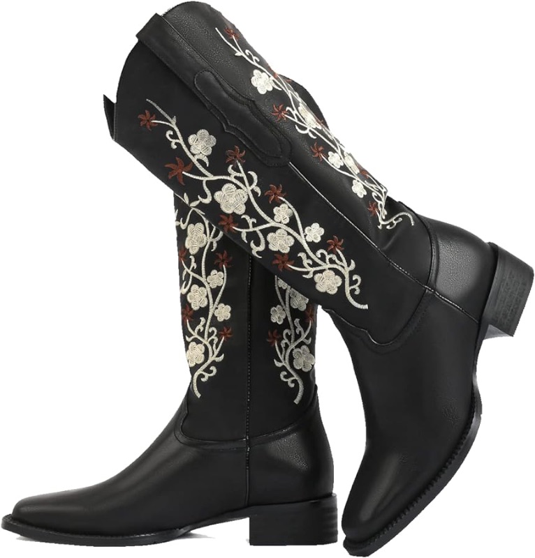 Photo 1 of SO SIMPOK Cowboy Boots for Women Flower Embroidered Cowgirl Boots Retro Pull on Western Boots Mid Calf Boots Size 8.5