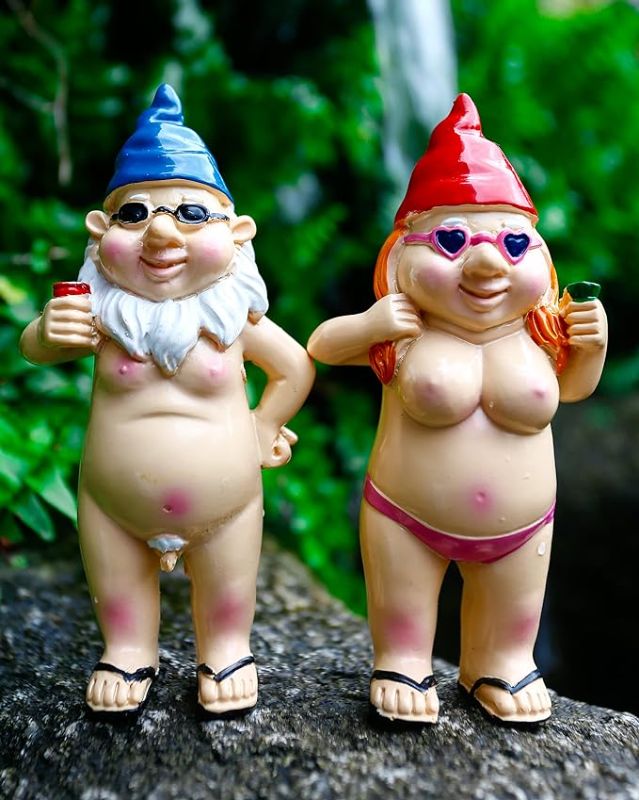 Photo 1 of 2 PCS Naked Gnomes Statues, 4.7 Inch Naughty Garden Gnome Funny Statue for Home Indoor or Outdoor Lawn Gnome Decorations Housewarming Halloween Christmas Garden Gift (Man and Woman)