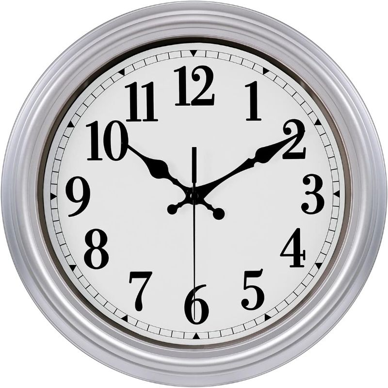 Photo 1 of 12 Inch Retro Wall Clock Silent Non Ticking Battery Operated Movement Easy to Read Wall Clocks Decorate for Bedroom Living Room Kitchen Office(Silver)
