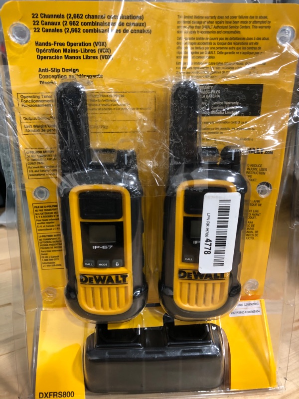 Photo 3 of DEWALT DXFRS800 2 Watt Heavy Duty Walkie Talkies - Waterproof, Shock Resistant, Long Range & Rechargeable Two-Way Radio with VOX (2 Pack)
