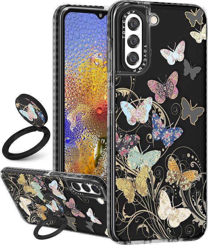 Photo 1 of Toycamp for Samsung Galaxy S22 Case for Women, Colorful Butterfly Cute Girly Print Design for Girls Teens Case with Ring Kickstand (6.1 Inch), Black
