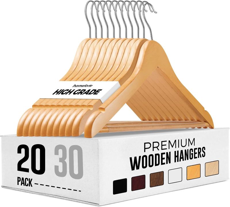 Photo 1 of Cozymood Sturdy Wooden Hangers 20 Pack Durable & Slim Clothes Hanger with 360° Rotatable Hook Natural Finish & Notches Wood Hangers Premium Coat Hanger for Closet Clothes Hangers (Natural)
