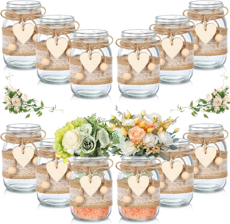 Photo 1 of ***MR AND MRS*** Mumufy 12 Pcs Mason Jar Table Centerpiece with 12 Lace Sleeves and 12 Heart Shaped Hemp Rope Rustic Mason Jar Vases Reception Engagement Party Bridal Shower Centerpieces Wedding Table Decorations
