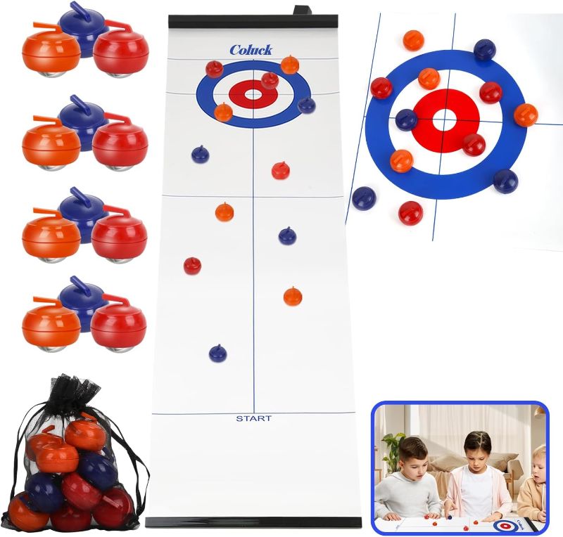 Photo 1 of Curling Game with 12 Rollers, Board Games for Adults, Kids and Families, 4' x 1' Mat for Indoor Fun, Portable Mini Board Games for Kids and Adults, Ages 6 and Up set of 2