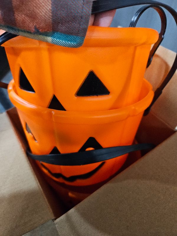 Photo 2 of 3 Small Bright Orange Pumpkin Trick or Treating Buckets for Kids 