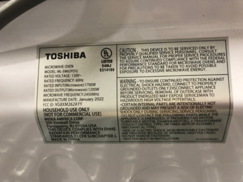 Photo 2 of ***SEE NOTE*** Toshiba ML2-EM62P(SS) Large Countertop Microwave with Smart Sensor, 6 Menus, Auto Defrost, ECO Mode, Mute Option & 16.5" Position Memory Turntable, 2.2 Cu Ft, 1200W, Stainless Steel 2.2 Cu. Ft.-Smart Sensor