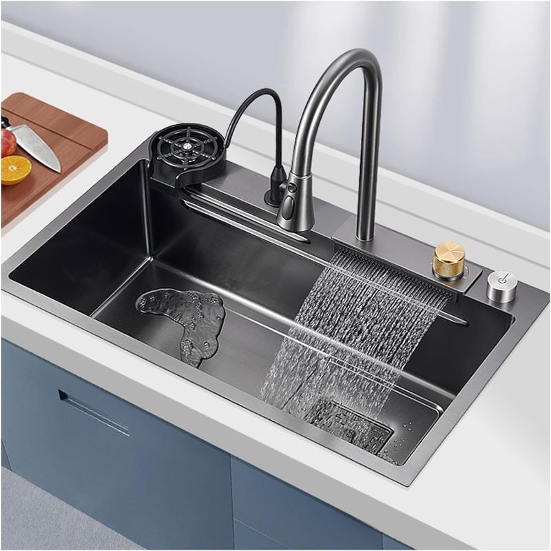 Photo 1 of 304 Stainless Steel Handmade Kitchen Sink Multi-Purpose Waterfall Bar Sink Black Nano Rv Sink with Pull-Out Faucet and Cup Washer Top Mount Or Undermount (Color : Black, Size : 80x45x22cm)