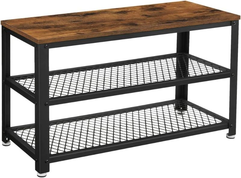 Photo 1 of **PARTS ONLY NON REFUNDABLE NO RETURNS SOLD AS IS**VASAGLE, 3-Tier Rack, 11.8 x 28.7 x 17.7 Inches Shelf Storage Bench with Metal Mesh Shelves and Seat Free Standing Shoe Organizer for Entryway, Rustic Brown + Black