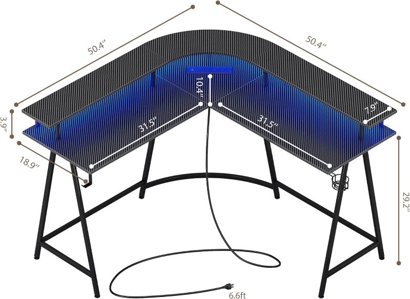 Photo 3 of  SUPERJARE L Shaped Gaming Desk with Power Outlets & LED Lights, Carbon Fiber Surface, Computer Desk with Monitor Stand, Home Office Desk Corner Desk with Cup Holder & Hooks, Black SuperJare SKU#7937bc
