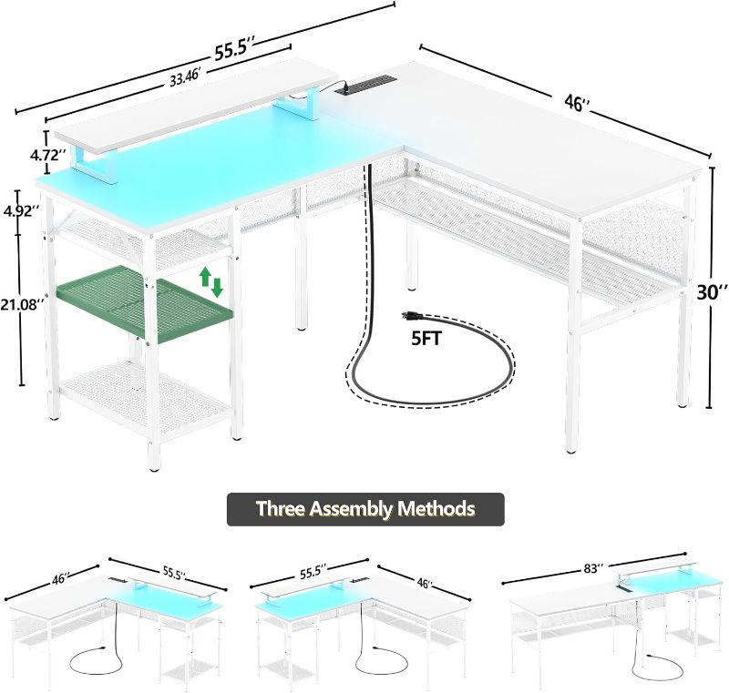 Photo 2 of iSunirm L Shaped Desk, 55 Inch Reversible Computer Desk with Magic Power Outlet and Cool LED Light, Sturdy Corner Office Desk with Ergonomic Monitor Stand, Gaming Table, Attractive Grid Design, White