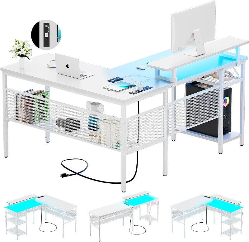 Photo 1 of iSunirm L Shaped Desk, 55 Inch Reversible Computer Desk with Magic Power Outlet and Cool LED Light, Sturdy Corner Office Desk with Ergonomic Monitor Stand, Gaming Table, Attractive Grid Design, White