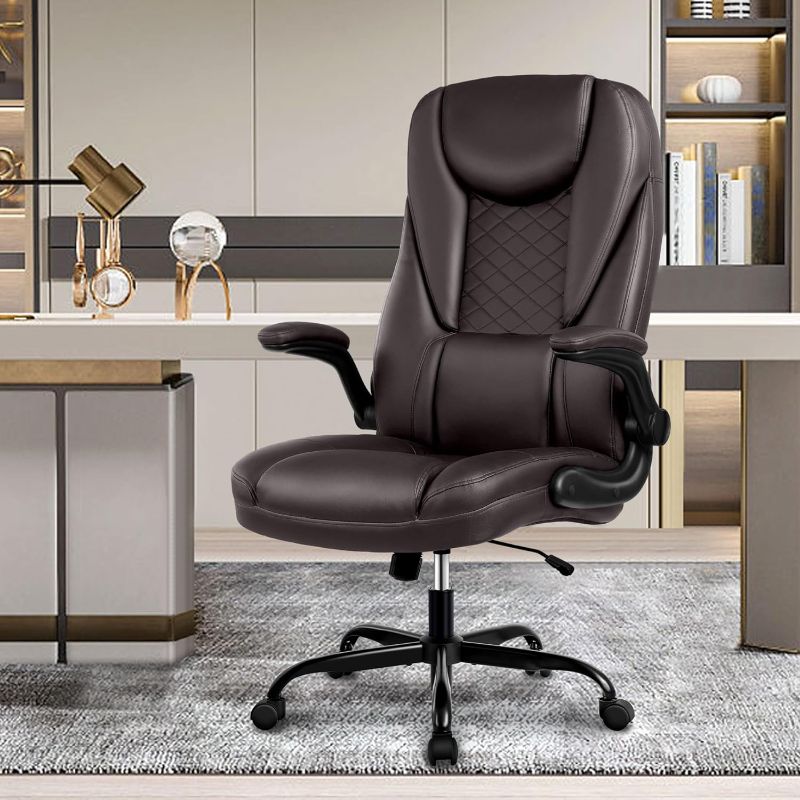 Photo 3 of Guessky Office Chair, Executive Office Chair Big and Tall Office Chair Ergonomic Leather Chair with Adjustable Flip-Up Arms High Back Home Office Desk Chairs Computer Chair with Lumbar Support(Coffee) [amazon]