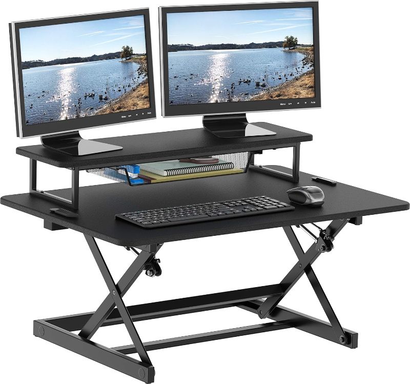 Photo 1 of SHW Desktop Monitor Stand with Tray #OD-82B-K#YT04 SHW 36-Inch Height Adjustable Standing Desk Sit to Stand Riser Converter Workstation, Black
