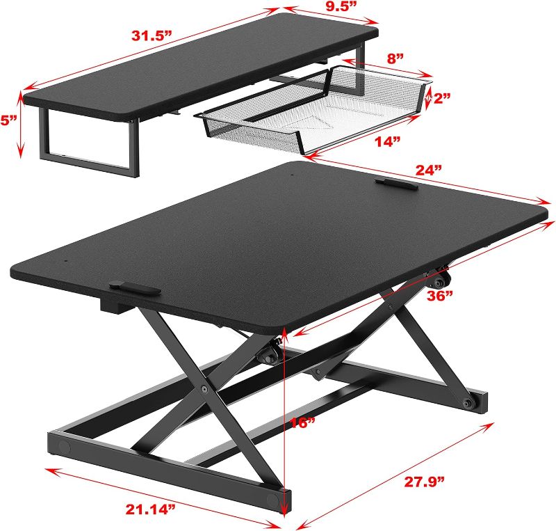 Photo 2 of SHW Desktop Monitor Stand with Tray #OD-82B-K#YT04 SHW 36-Inch Height Adjustable Standing Desk Sit to Stand Riser Converter Workstation, Black
