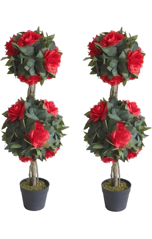 Photo 1 of (Set of 2) Life Like 3Ft arfiticial Camellia Flower Double Ball Topiary Trees Faux Topiary Outdoor Trees for Out Door Porch Decor